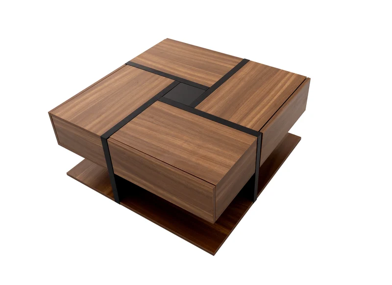 Table basse carrée effet bois 4 tiroirs et étagère ouverte AHNOIR