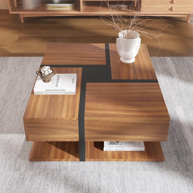 Table basse carrée effet bois 4 tiroirs et étagère ouverte AHNOIR