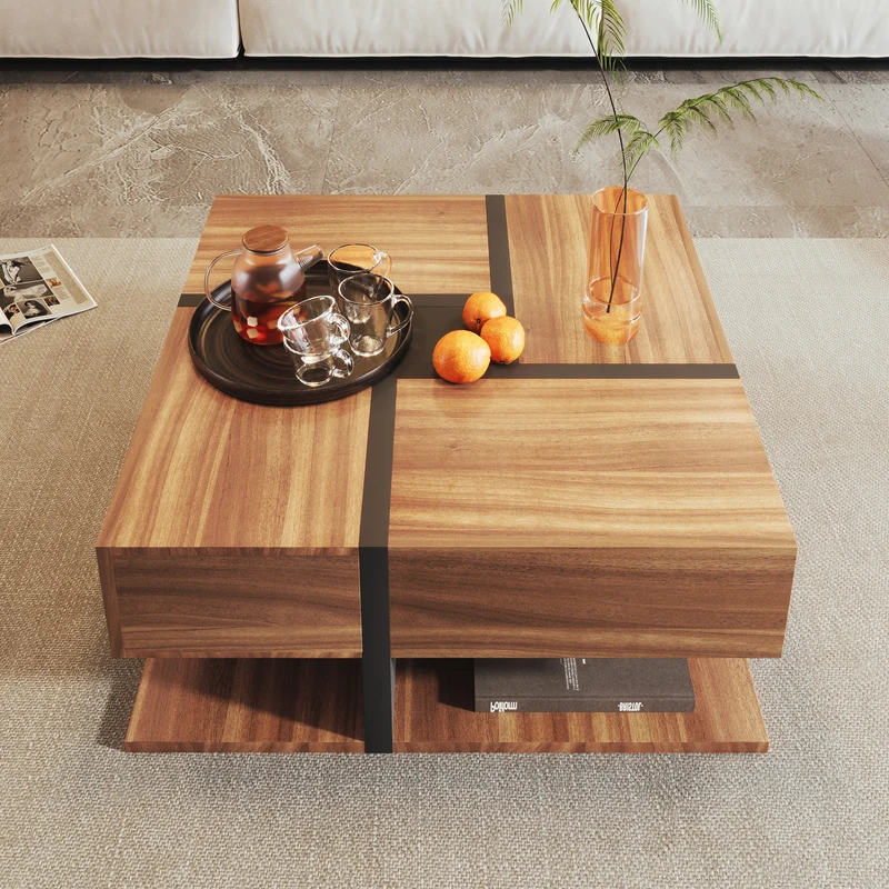 Table basse carrée effet bois 4 tiroirs et étagère ouverte AHNOIR