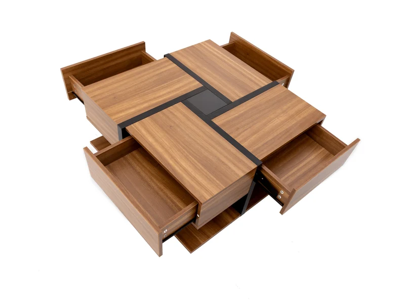 Table basse carrée effet bois 4 tiroirs et étagère ouverte AHNOIR