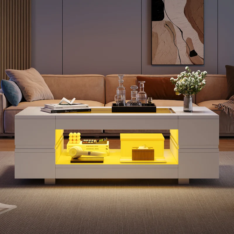 Table basse blanche moderne verre trempé avec éclairage LED 100x50x35cm SCRIEN