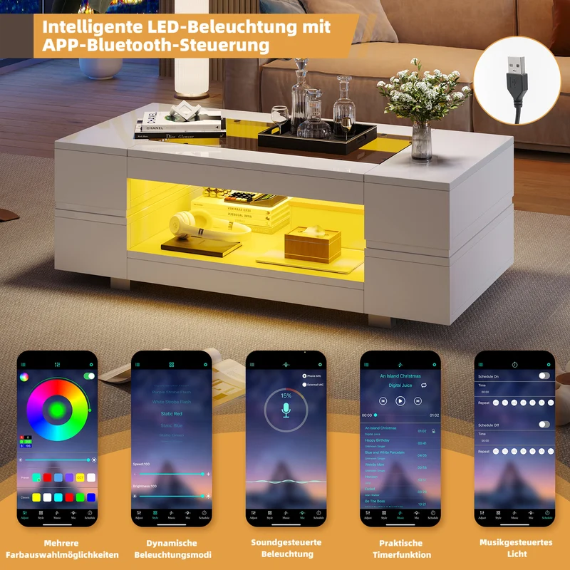 Table basse blanche moderne verre trempé avec éclairage LED 100x50x35cm SCRIEN