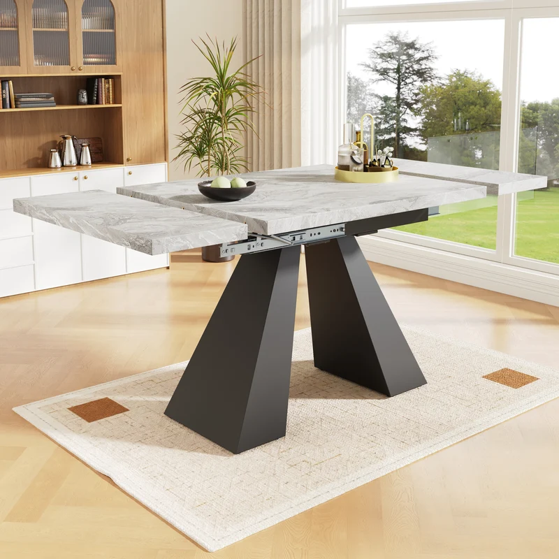 Table de salle à manger extensible système coulissant effet ciment gris avec pieds en colonne 99-159cm GHAKOX GREY