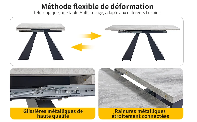 Table de salle à manger extensible système coulissant effet ciment gris avec pieds en colonne 99-159cm GHAKOX GREY