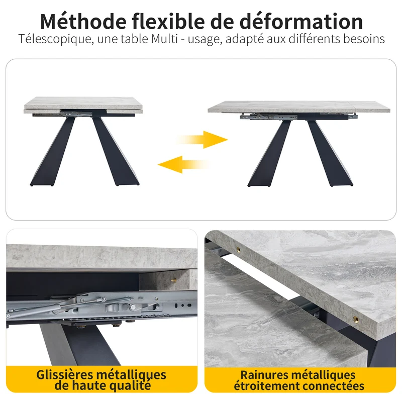 Table de salle à manger extensible système coulissant effet ciment gris avec pieds en colonne 99-159cm GHAKOX GREY
