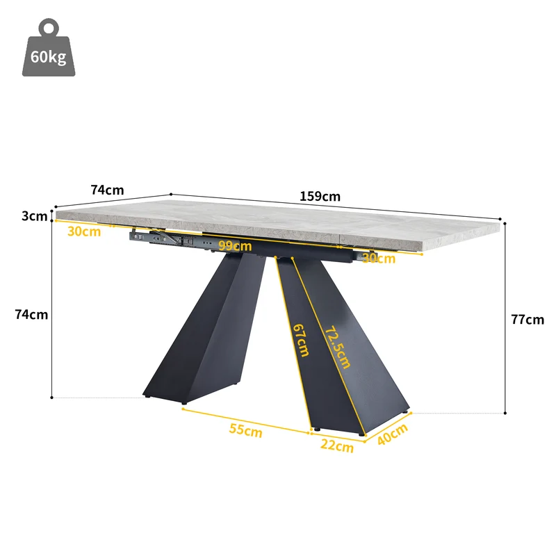 Table de salle à manger extensible système coulissant effet ciment gris avec pieds en colonne 99-159cm GHAKOX GREY