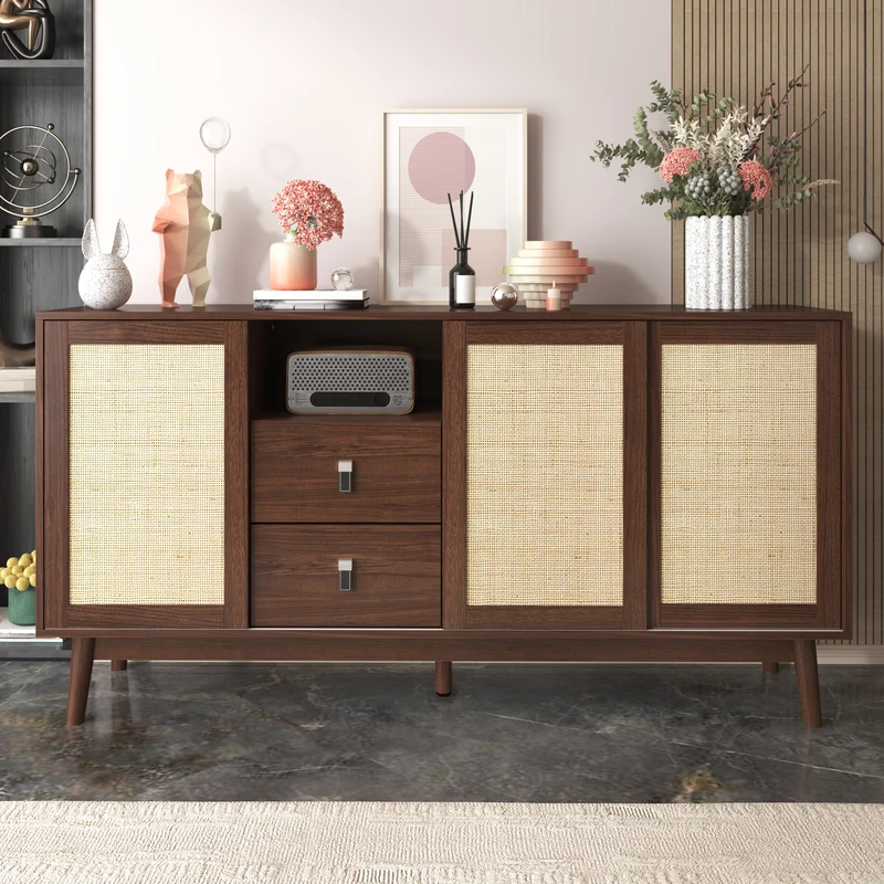 Buffet effet bois noyer avec 3 portes coulissantes en rotin et 2 tiroirs 155x38x80cm USOH WALNUT