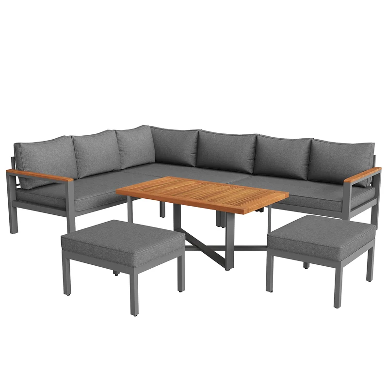 Salon de jardin recomposable pour 7 à 8 personnes + table basse effet bois et 2 tabouret gris KUN