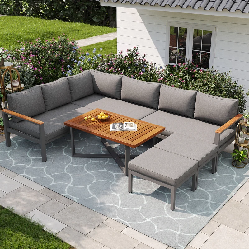 Salon de jardin recomposable pour 7 à 8 personnes + table basse effet bois et 2 tabouret gris KUN