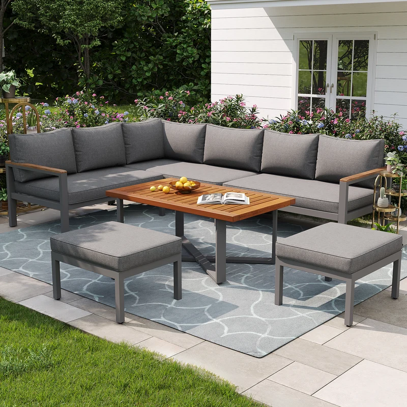 Salon de jardin recomposable pour 7 à 8 personnes + table basse effet bois et 2 tabouret gris KUN