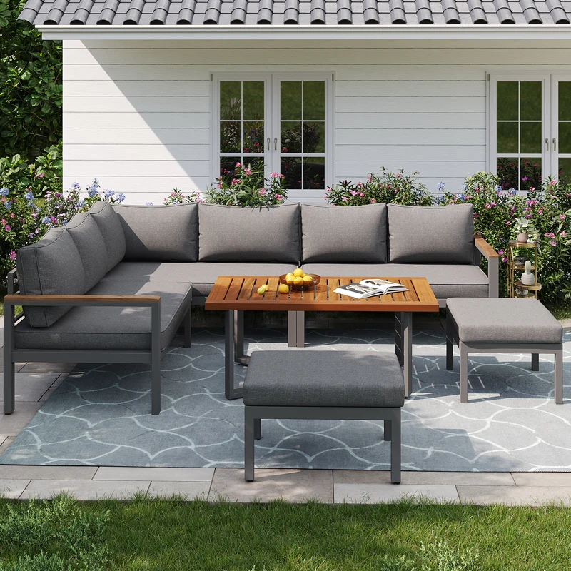 Salon de jardin recomposable pour 7 à 8 personnes + table basse effet bois et 2 tabouret gris KUN
