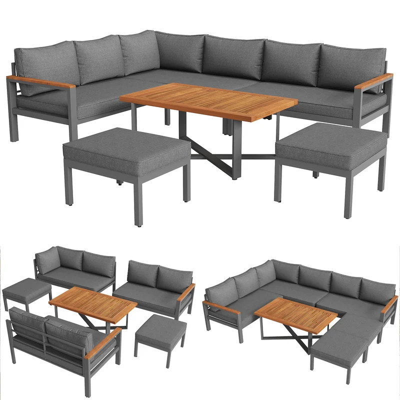 Salon de jardin recomposable pour 7 à 8 personnes + table basse effet bois et 2 tabouret gris KUN