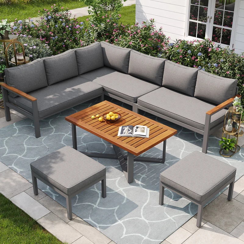 Salon de jardin recomposable pour 7 à 8 personnes + table basse effet bois et 2 tabouret gris KUN