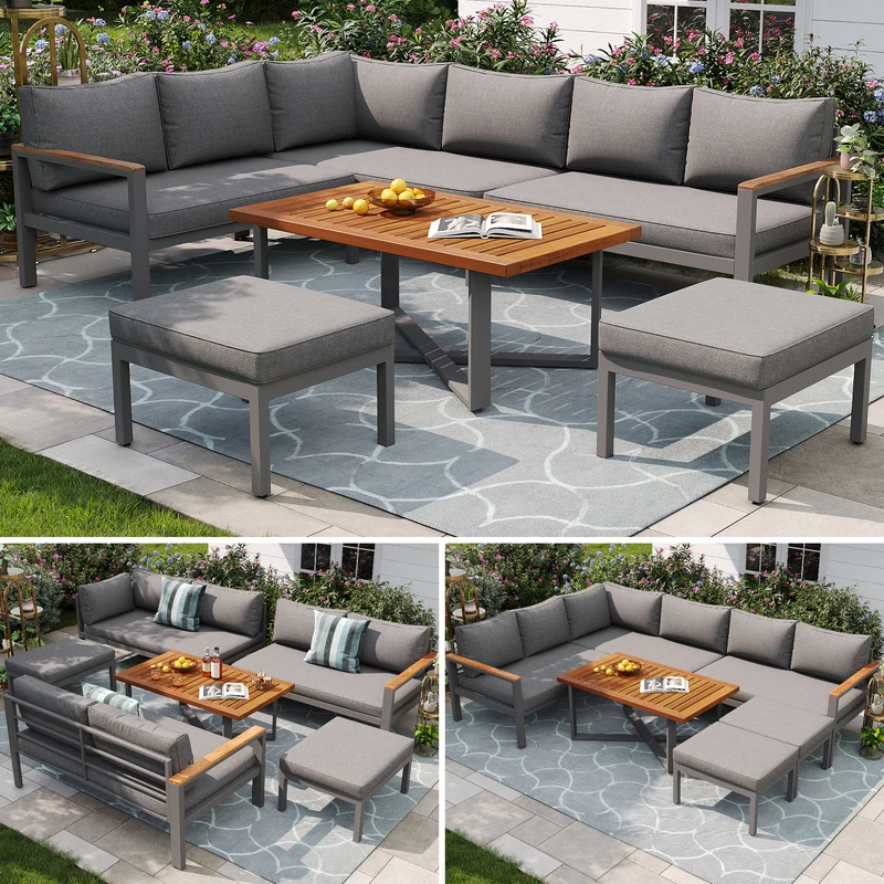 Salon de jardin recomposable pour 7 à 8 personnes + table basse effet bois et 2 tabouret gris KUN