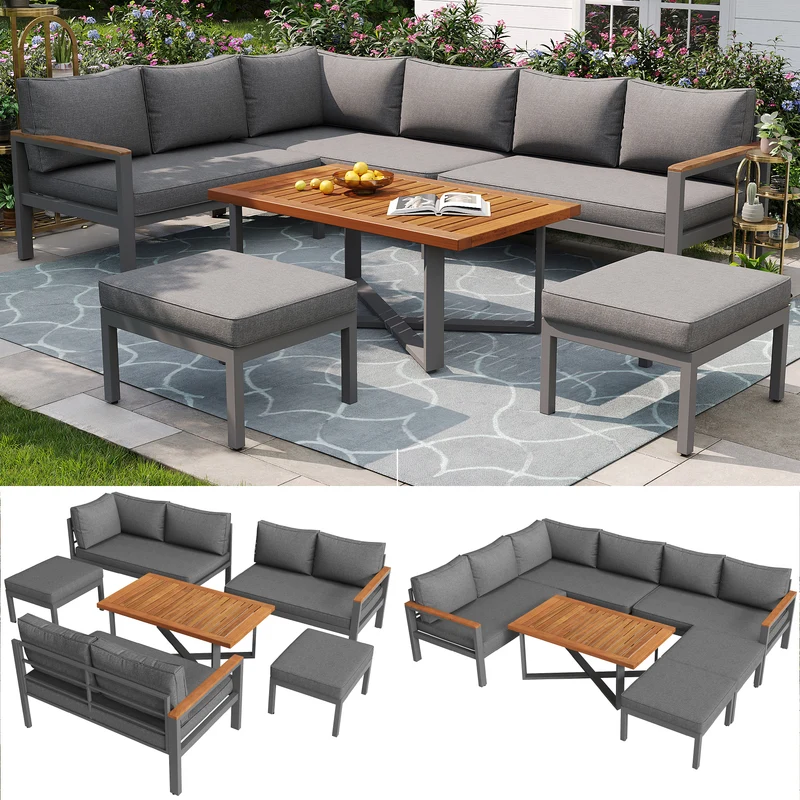 Salon de jardin recomposable pour 7 à 8 personnes + table basse effet bois et 2 tabouret gris KUN