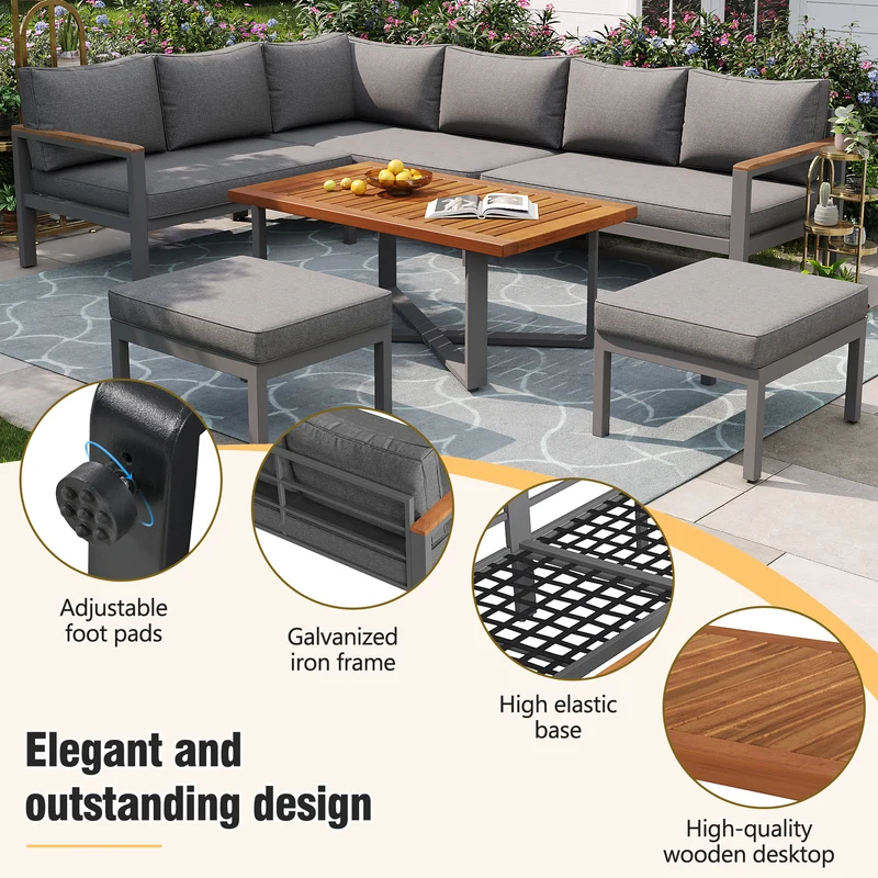 Salon de jardin recomposable pour 7 à 8 personnes + table basse effet bois et 2 tabouret gris KUN