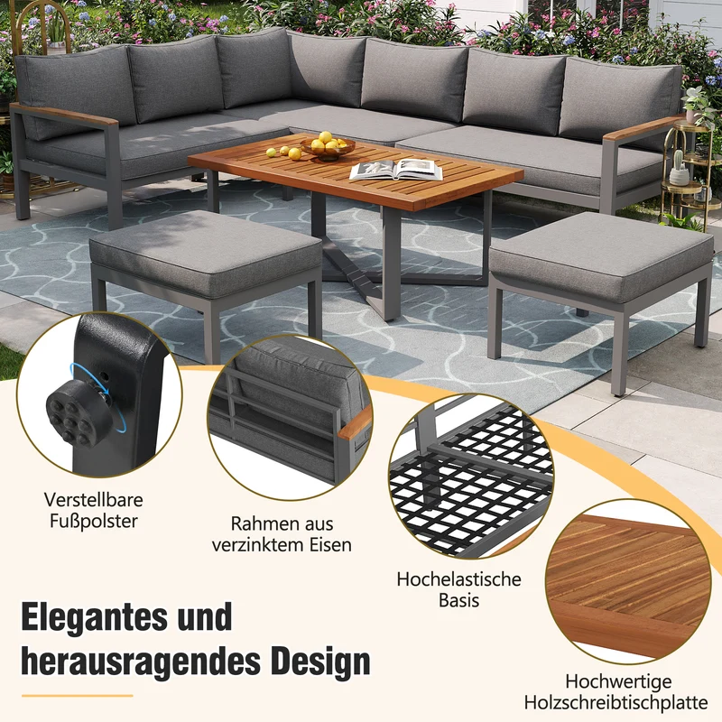 Salon de jardin recomposable pour 7 à 8 personnes + table basse effet bois et 2 tabouret gris KUN