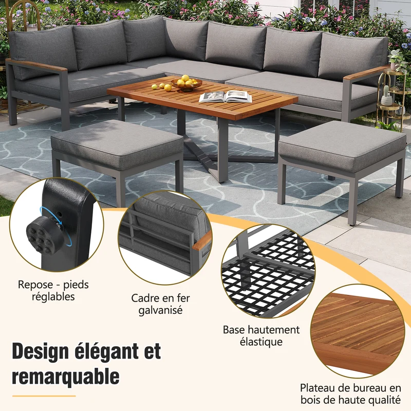 Salon de jardin recomposable pour 7 à 8 personnes + table basse effet bois et 2 tabouret gris KUN