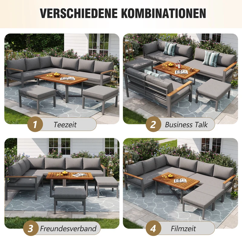 Salon de jardin recomposable pour 7 à 8 personnes + table basse effet bois et 2 tabouret gris KUN