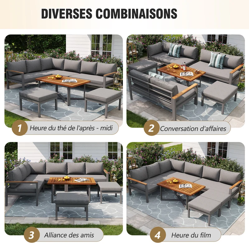 Salon de jardin recomposable pour 7 à 8 personnes + table basse effet bois et 2 tabouret gris KUN