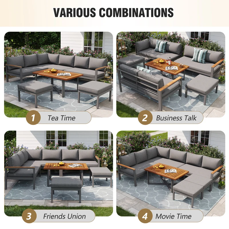 Salon de jardin recomposable pour 7 à 8 personnes + table basse effet bois et 2 tabouret gris KUN