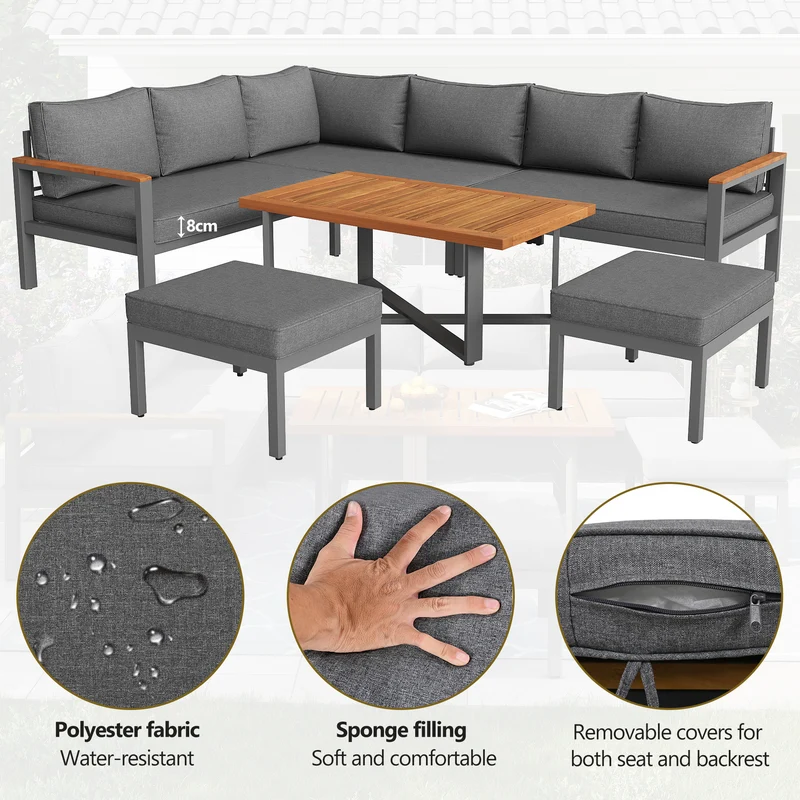 Salon de jardin recomposable pour 7 à 8 personnes + table basse effet bois et 2 tabouret gris KUN