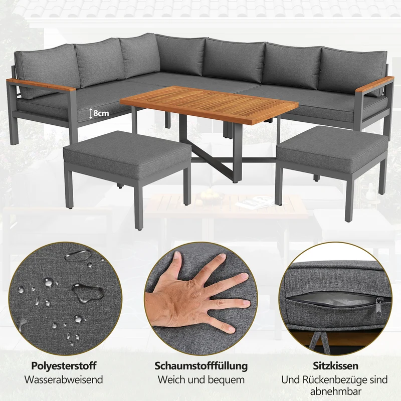 Salon de jardin recomposable pour 7 à 8 personnes + table basse effet bois et 2 tabouret gris KUN