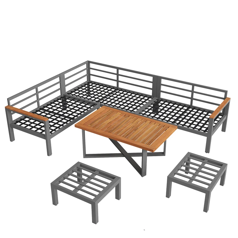 Salon de jardin recomposable pour 7 à 8 personnes + table basse effet bois et 2 tabouret gris KUN