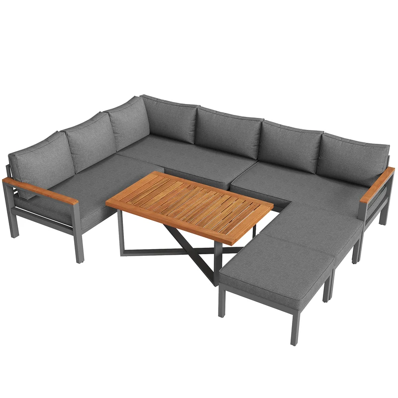 Salon de jardin recomposable pour 7 à 8 personnes + table basse effet bois et 2 tabouret gris KUN