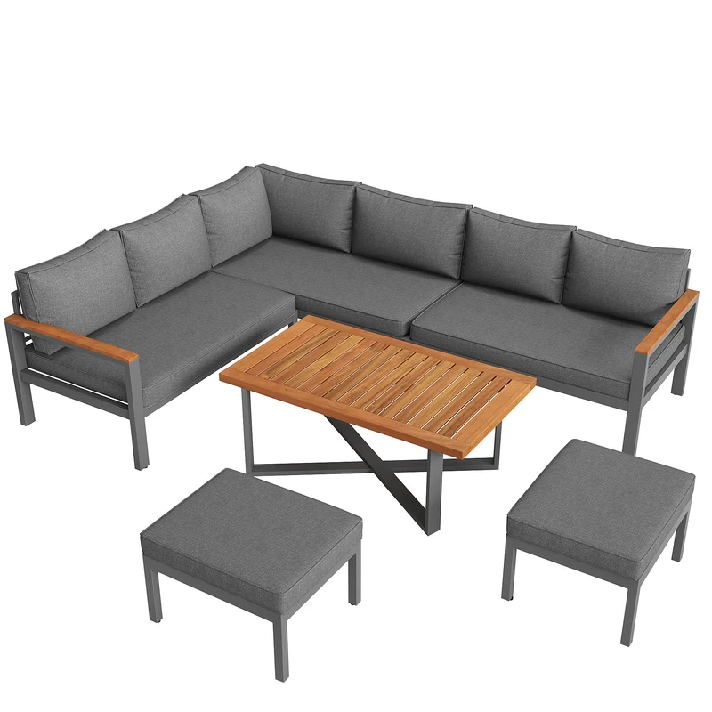 Salon de jardin recomposable pour 7 à 8 personnes + table basse effet bois et 2 tabouret gris KUN