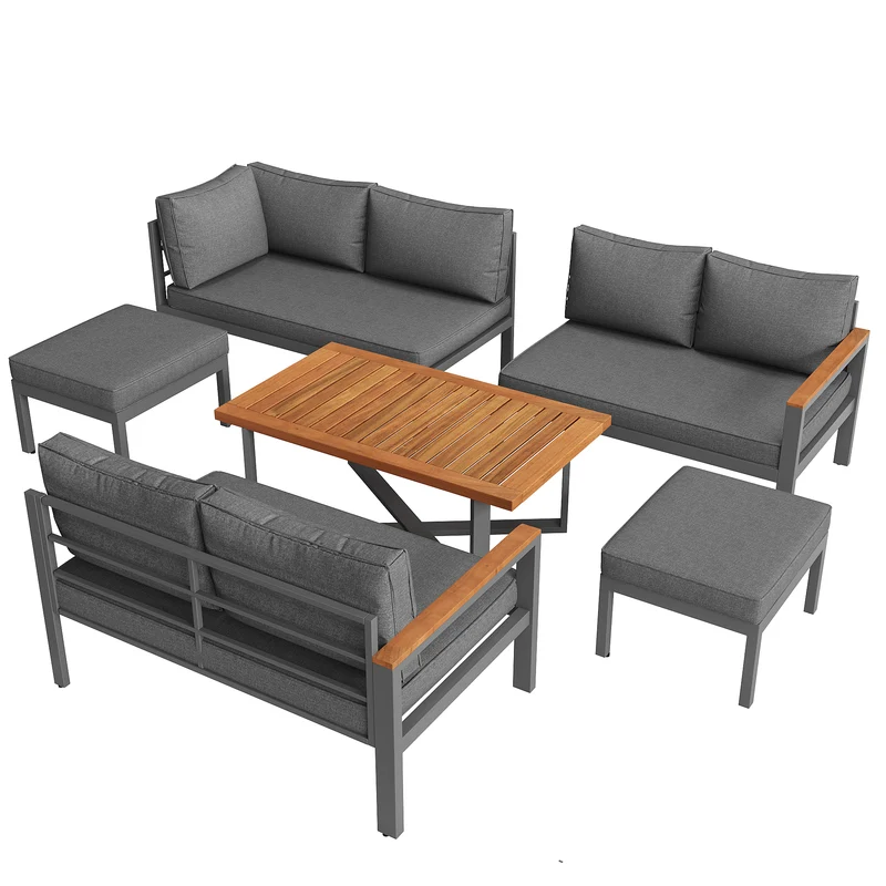 Salon de jardin recomposable pour 7 à 8 personnes + table basse effet bois et 2 tabouret gris KUN