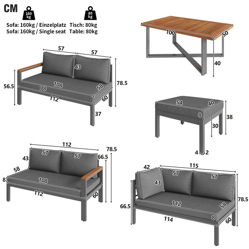 Salon de jardin recomposable pour 7 à 8 personnes + table basse effet bois et 2 tabouret gris KUN
