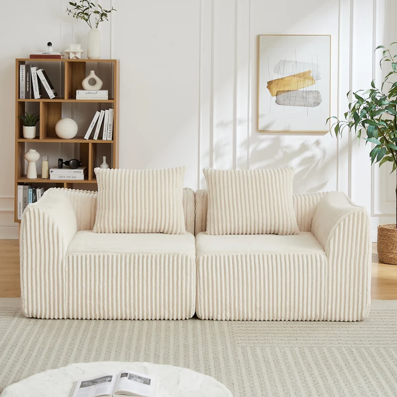 Canapé 2 places en velours côtelé beige, 2 coussins sans montage VERTEXVYNRAKYN
