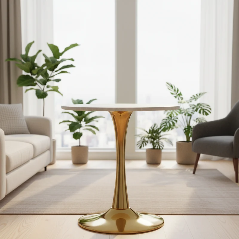 Table de salle à manger ronde effet marbre blanc pied doré 2-4 personnes, 70 cm VERTEXMYRKONOR