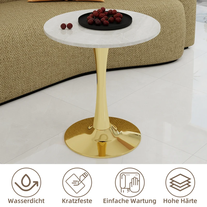 Table de salle à manger ronde effet marbre blanc pied doré 2-4 personnes, 70 cm VERTEXMYRKONOR