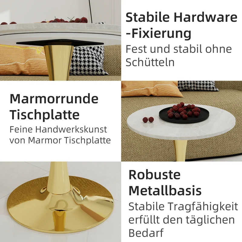 Table de salle à manger ronde effet marbre blanc pied doré 2-4 personnes, 70 cm VERTEXMYRKONOR