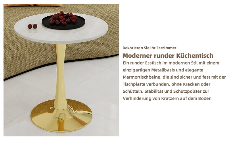 Table de salle à manger ronde effet marbre blanc pied doré 2-4 personnes, 70 cm VERTEXMYRKONOR