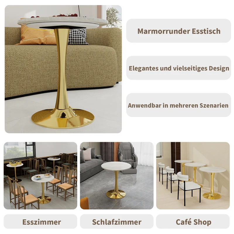 Table de salle à manger ronde effet marbre blanc pied doré 2-4 personnes, 70 cm VERTEXMYRKONOR