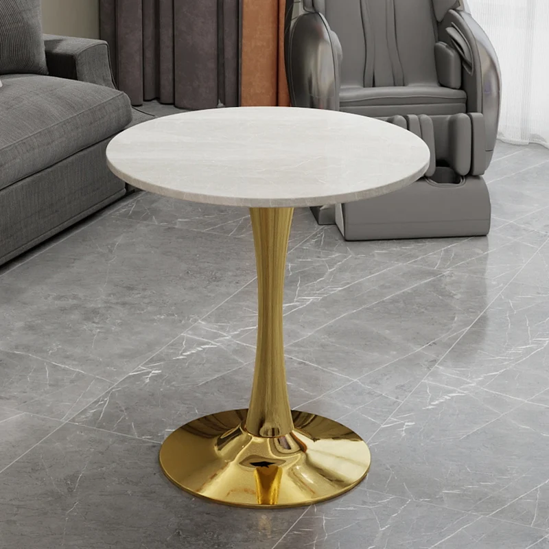 Table de salle à manger ronde effet marbre blanc pied doré 2-4 personnes, 70 cm VERTEXMYRKONOR