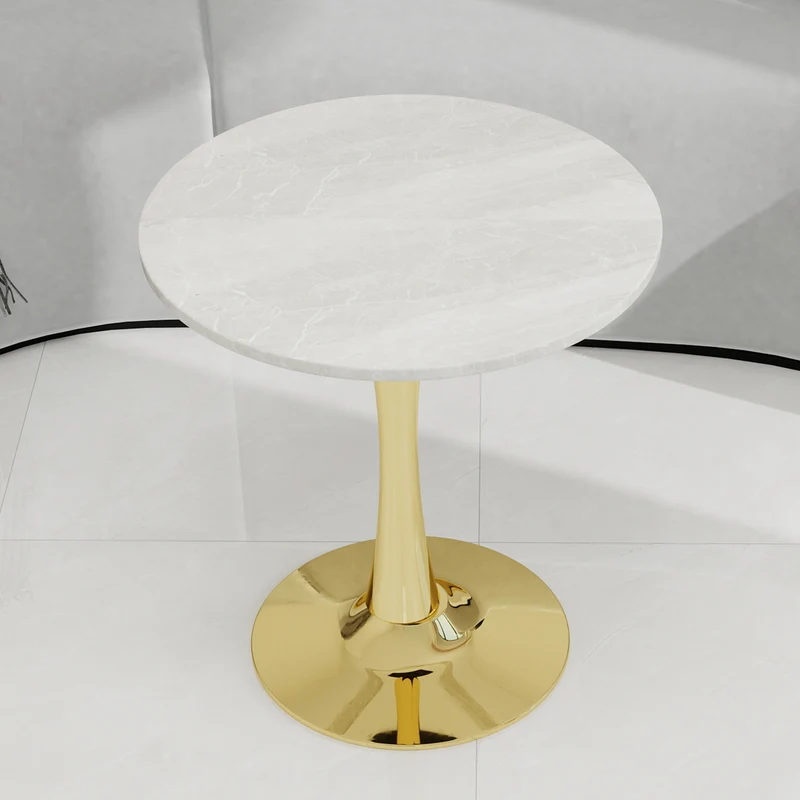 Table de salle à manger ronde effet marbre blanc pied doré 2-4 personnes, 70 cm VERTEXMYRKONOR