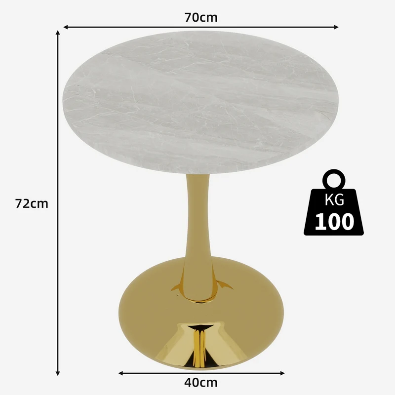 Table de salle à manger ronde effet marbre blanc pied doré 2-4 personnes, 70 cm VERTEXMYRKONOR