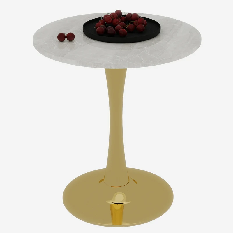 Table de salle à manger ronde effet marbre blanc pied doré 2-4 personnes, 70 cm VERTEXMYRKONOR
