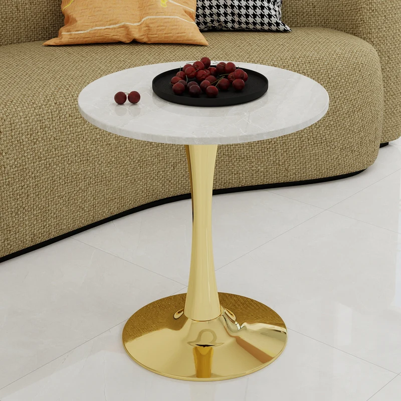 Table de salle à manger ronde effet marbre blanc pied doré 2-4 personnes, 70 cm VERTEXMYRKONOR
