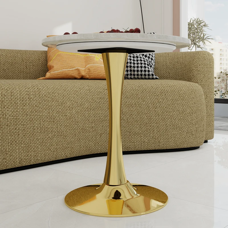 Table de salle à manger ronde effet marbre blanc pied doré 2-4 personnes, 70 cm VERTEXMYRKONOR