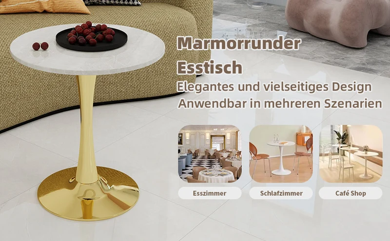 Table de salle à manger ronde effet marbre blanc pied doré 2-4 personnes, 70 cm VERTEXMYRKONOR
