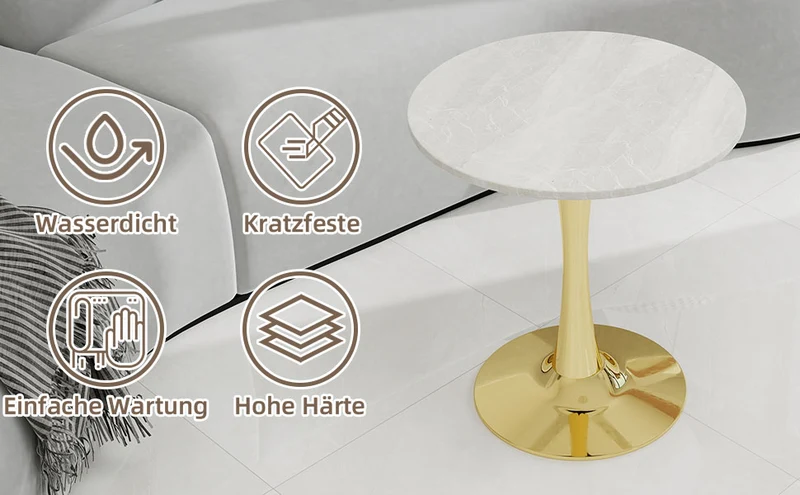 Table de salle à manger ronde effet marbre blanc pied doré 2-4 personnes, 70 cm VERTEXMYRKONOR