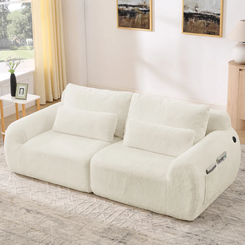 Canapé 2 places en fausse fourrure de lapin, beige, USB, poche latérale VERTEXZYNTHYNOR
