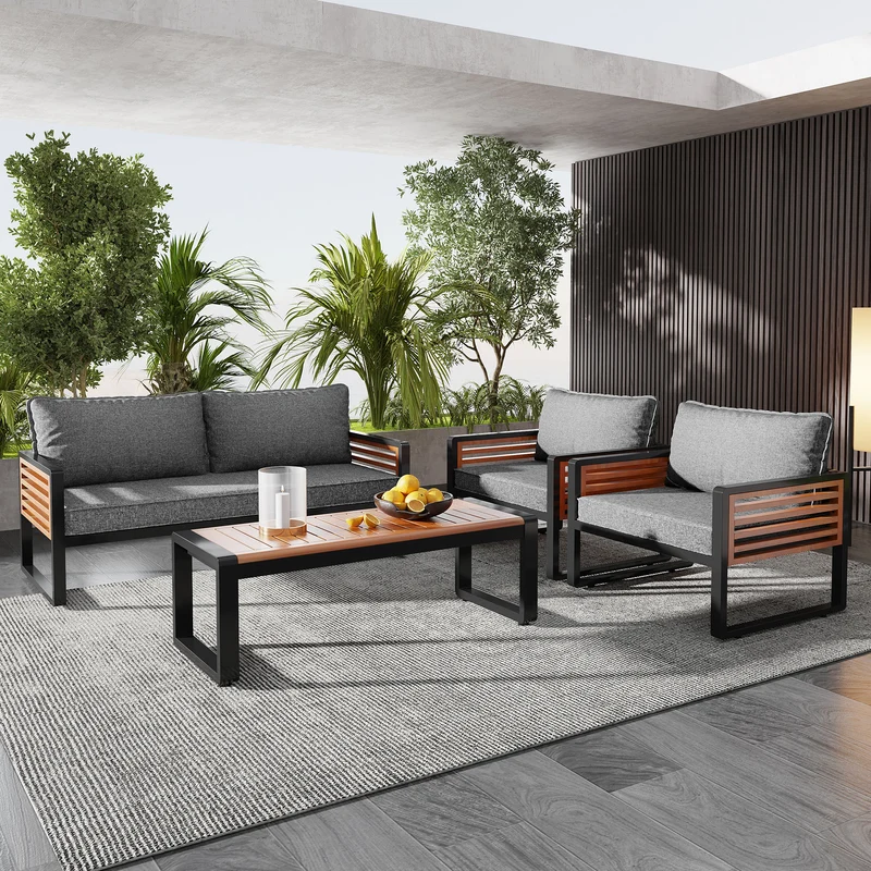 Salon de jardin 4 pièces gris, 2 places + 2 fauteuils + table basse CLIFFSHIMMER