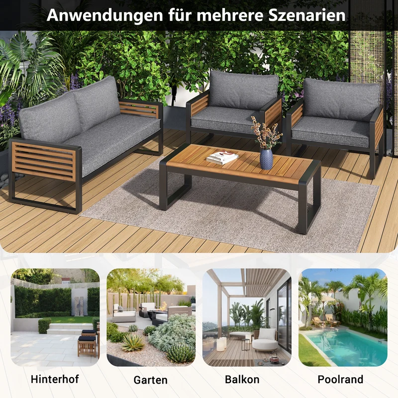 Salon de jardin 4 pièces gris, 2 places + 2 fauteuils + table basse CLIFFSHIMMER