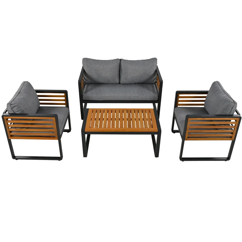 Salon de jardin 4 pièces gris, 2 places + 2 fauteuils + table basse CLIFFSHIMMER